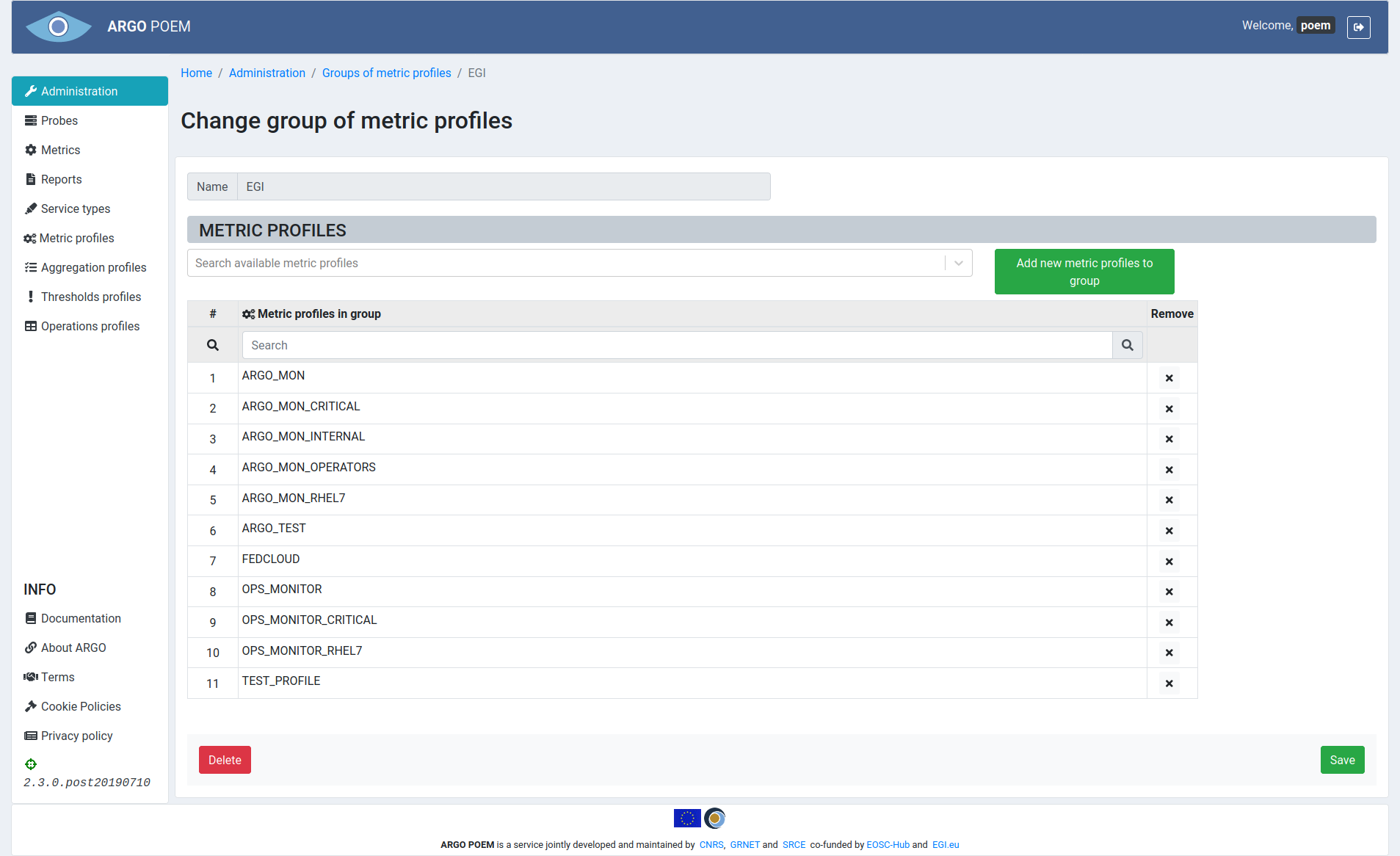 Tenant Group of metric profiles