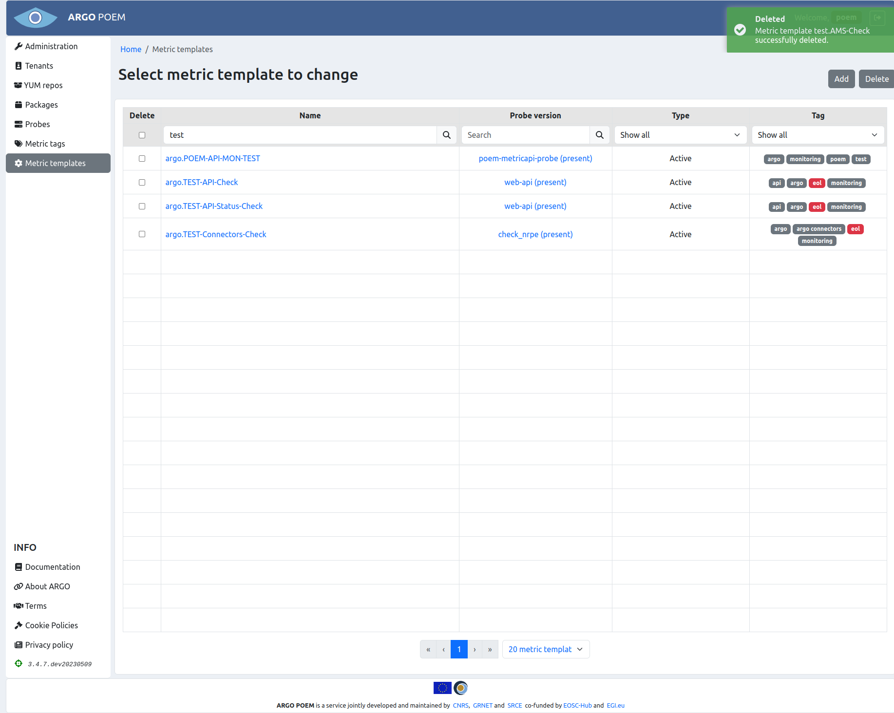 SuperAdmin metric template deleted