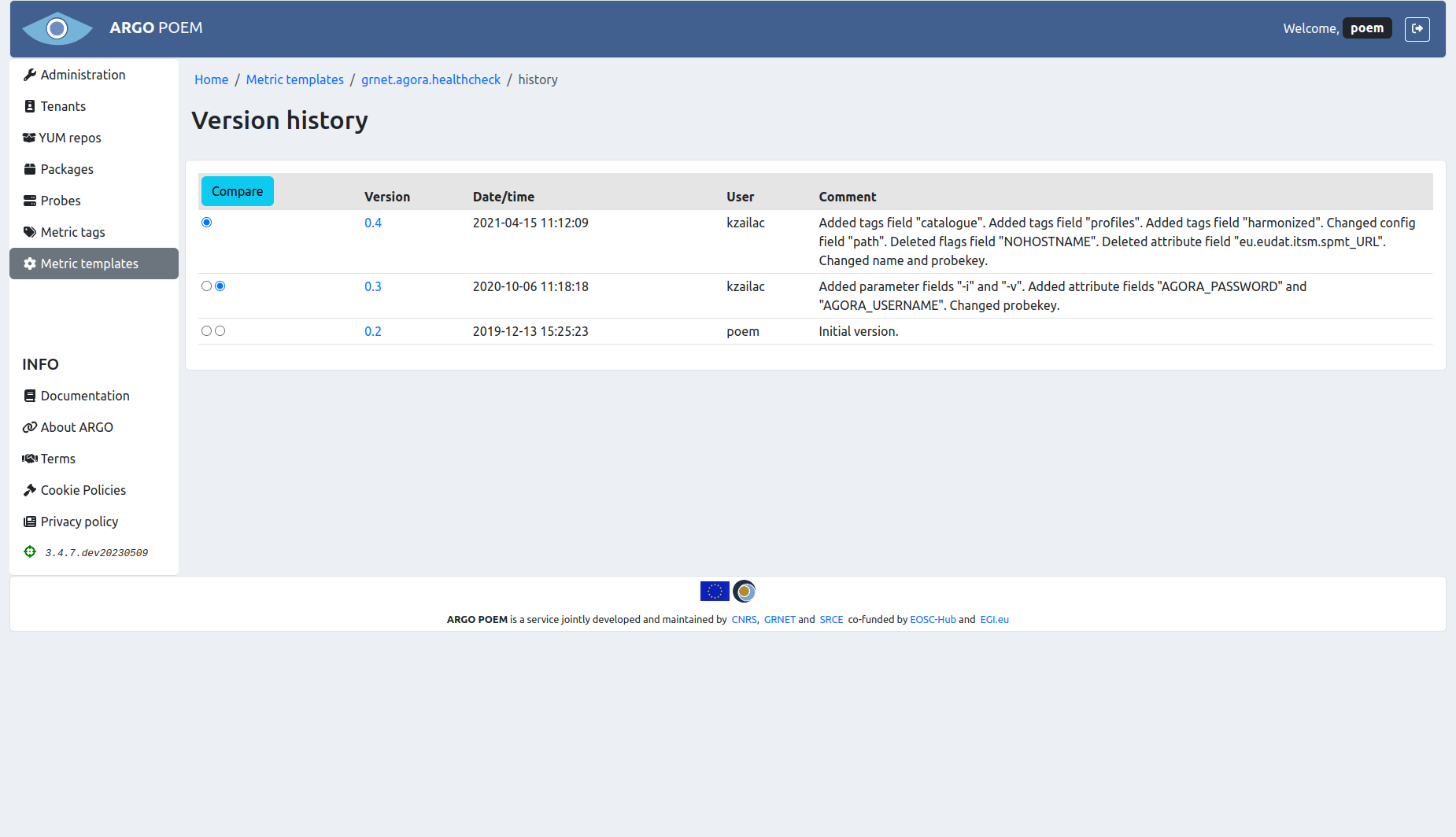 SuperAdmin metric template history
